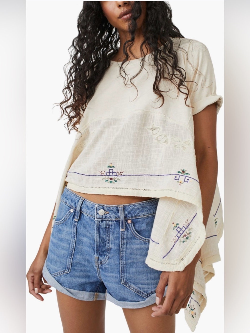 We The Free Embroidered Gauze Patchwork Tee Boho Oversized Raw Hem Top Small - Picture 2 of 8